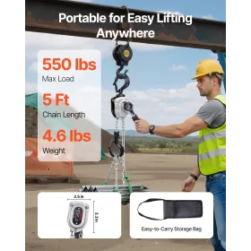 Manual Lever Chain Hoist, 1/4T 250KG Capacity Heavy Duty Come Along, 1.5M Lift G80 Alloy Steel Chain With Dual Pawl Mechanical B