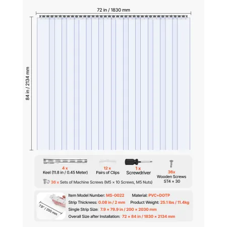 VEVOR Clear PVC Strip Curtain, 2.1 m Height x 1.8 m Width x 2 mm Thickness, 12 PCS Walk in Freezer Cooler Curtain Strips, Smooth