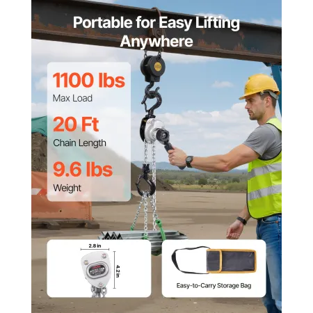 Manual Lever Chain Hoist, 1/2T 500KG Capacity Heavy Duty Come Along, 6M Lift G80 Alloy Steel Chain With Dual Pawl Mechanical Bra