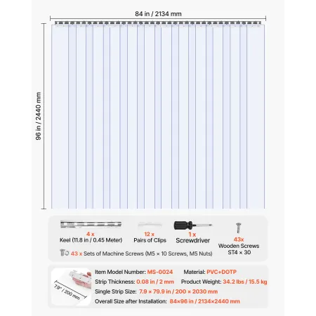 VEVOR Clear PVC Strip Curtain, 2.4 m Height x 2.1 m Width x 2 mm Thickness, 14 PCS Walk in Freezer Cooler Curtain Strips, Smooth