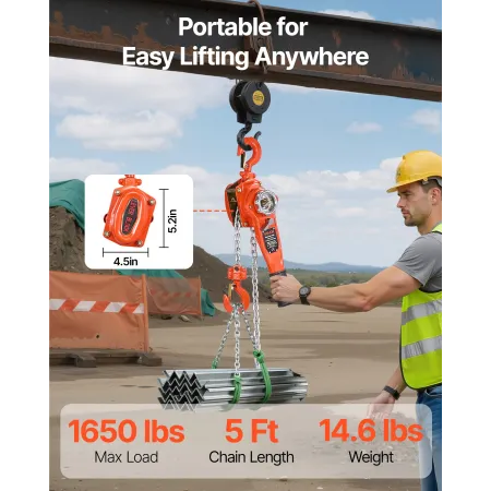 Manual Lever Chain Hoist, 3/4T 750KG Capacity Heavy Duty Come Along, 1.5M Lift G80 Alloy Steel Chain With Dual Pawl Mechanical B