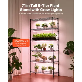 VEVOR Plant Shelf with Grow Light, 6-Tier Indoor Plant Stand, 180cm Tall Indoor Plants Display Rack with Wheels & Timer, 150W 38