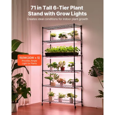 VEVOR Plant Shelf with Grow Light, 6-Tier Indoor Plant Stand, 180cm Tall Indoor Plants Display Rack with Wheels & Timer, 150W 38