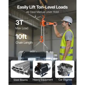 VEVOR Manual Lever Chain Hoist, 3T 3000KG Capacity Heavy Duty Come Along, 3M Lift G80 Alloy Steel Chain With Dual Pawl Mechanica