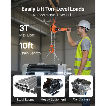 VEVOR manuel kædetalje, 3T 3000KG Kapacitet Heavy Duty Comeong, 3M Lift G80 legeret stålkæde med dobbelt pal Mechanica