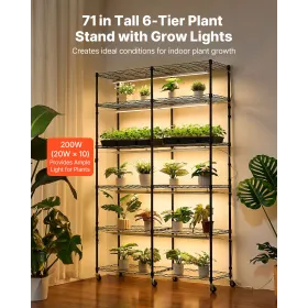VEVOR Plant Shelf with Grow Light, 6-Tier Double-Row Plant Stand, 180cm Tall Indoor Plants Display Rack with Wheels & Timer, 200