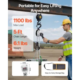 VEVOR manuel kædetalje, 1/2T 500KG Kapacitet Heavy Duty Com Always, 1,5M løft G80 legeret stålkæde med dobbelt pal-mekanisme