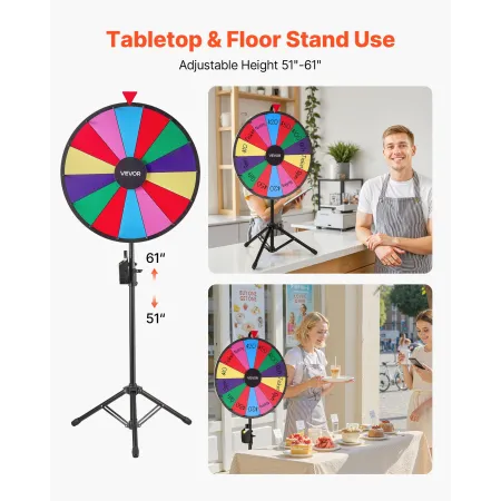 VEVOR 610 mm Spinning Prize Wheel, 14 Slots Spinning Wheel with Tripod, Adjustable Height Win Fortune Roulette with a Dry Erase 