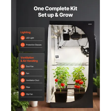 VEVOR Indoor Grow Tent Kit, 100 x 100 x 200 cm, Indoor Plant Tent with Full Spectrum LED Grow Light & Ventilation System, 600D H