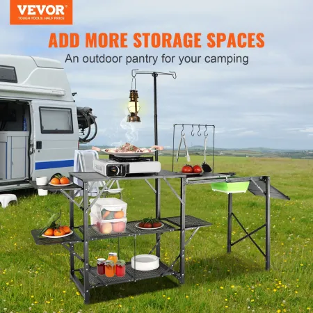 Camping Kitchen Table, One-piece Folding Portable Cook Station with A Carrying Bag, Long Aluminum Camping Table 3 Side Tables, 2