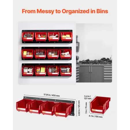 Wall Mounted Storage Bins, 12 Plastic Bins & 3 Metal Rails, Plastic Hanging Stackable Storage Bin for Screws, Nuts, Bolts, Nails