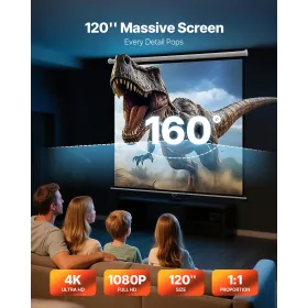 VEVOR Manual Projector Screen, 3048 mm 1:1 4K 1080 HD Retractable Pull Down Projector Screen, Wall Mounted Movie Projection with