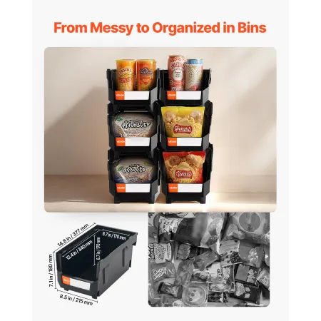 VEVOR Plastic Stackable Storage Bins, 37.7 x 21.5 x 18 cm (6 Pack), Plastic Containers for Organizing and Storage Bins for Close