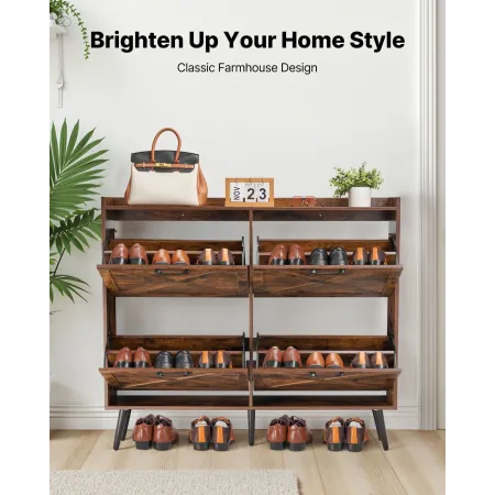 VEVOR Shoe Cabinet with 4 Flip Drawers, Farmhouse Shoes Storage Cabinet with Wood Legs and Anti-Tipping Device, Freestanding Sho