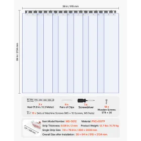 VEVOR Clear PVC Strip Curtain, 2.1 m Height x 0.9 m Width x 2 mm Thickness, 6 PCS Walk in Freezer Cooler Curtain Strips, Smooth 