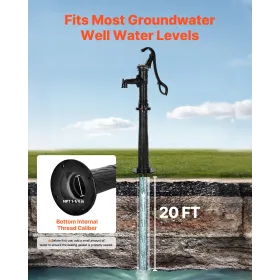 VEVOR Well Hand Pitcher Pump, 20 ft Max Lift, Antique Cast Iron Manual Hand Water Pump with Heightening Base, NPT 1-1/4 in Conne