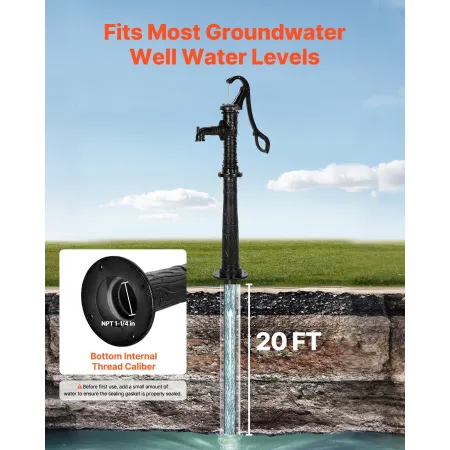 Well Hand Pitcher Pump, 20 ft Max Lift, Antik støbejern manuel