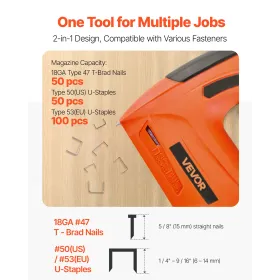 VEVOR Cordless Brad Nailer, 2-in-1 Nail Gun Staple Gun, 18 Gauge 15 mm, Battery Powered, with 1000 Pcs Staples and 1000 Pcs Nail