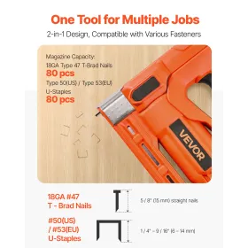 VEVOR Cordless Brad Nailer, 2-in-1 Nail Gun Staple Gun, 18 Gauge 15 mm, Includes 1000 Pcs Staples and 1000 Pcs Nails, with Batte