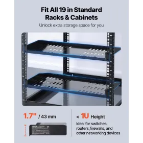 1U Server Rack Shelf, 4 PCS, 22.68 kg Max Load-Bearing Vented Cantilever, Wall Mount or Rack Mount Shelf with Tray, 254 mm Depth