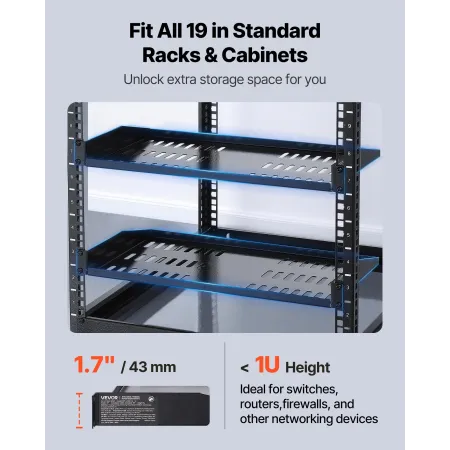 1U Server Rack Shelf, 4 PCS, 22.68 kg Max Load-Bearing Vented Cantilever, Wall Mount or Rack Mount Shelf with Tray, 254 mm Depth