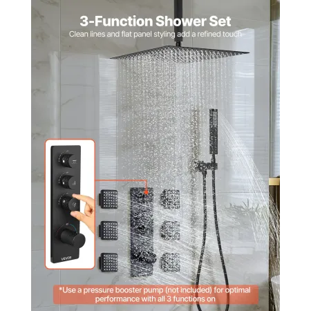 Shower Faucet Set, 406 mm Thermostatic Ceiling Mount Rainfall Shower System with 6 Body Jets and Handheld Spray, Rotatable 3-Fun
