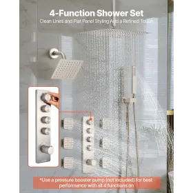 VEVOR Shower Faucet Set, 406 mm Thermostatic Ceiling Mount Rainfall Shower System with 152 mm Wall Mount Head, 6 Body Jets and H