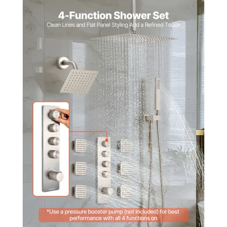 VEVOR brusehanesæt, 406 mm termostatisk loftmonteret regnbrusesystem med 152 mm vægmonteret hoved, 6 kropsdyser og H