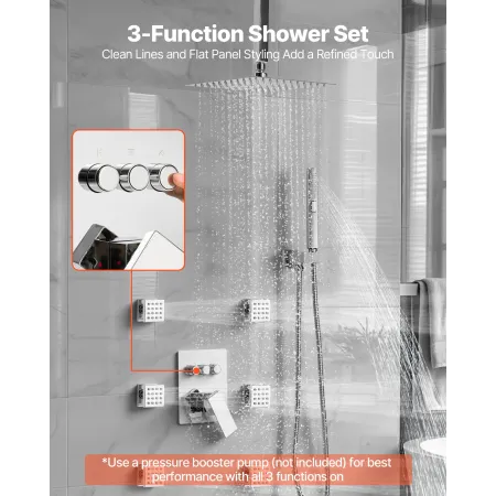 Shower Faucet Set, 254 mm Ceiling Mount Rainfall Shower System with 6 Body Jets and 2 in 1 Handheld Spray, Rotatable 3-Function 