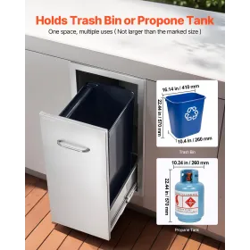 Outdoor Kitchen Trash Drawer, 13.54"W x 19.61"D x 25.79"H Interior Storage, Multi-Purpose Outdoor Kitchen Drawers Stainless Stee