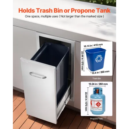 Outdoor Kitchen Trash Drawer, 13.54"W x 19.61"D x 25.79"H Interior Storage, Multi-Purpose Outdoor Kitchen Drawers Stainless Stee