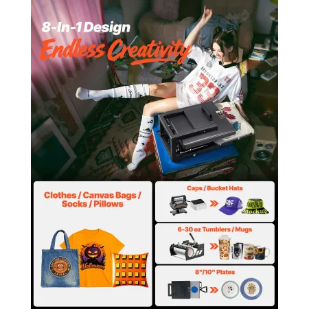 VEVOR Hybrid Heat Press, 380 x 380 mm, 8-i-1 multifunktion, Opvarmning Hurtig og jævn, Helt nyt patenteret design, Let at