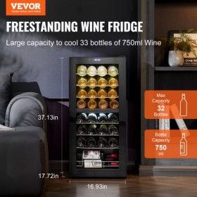 32-Bottle Wine Cooler Dual Zone Freestanding Refrigerator with LED Light