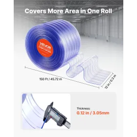 Clear PVC Strip Curtain, 45.7 m Length x 30.5 cm Width, Ribbed Plastic Door Strip Bulk Roll, Walk in Freezer Cooler Curtain Stri