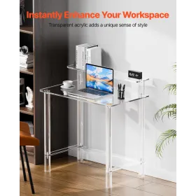 Acrylic Table, 2 Tiers Clear Office Desk with Monitor Stand, Acrylic Study Computer Desk, Modern Side End Table Nightstand for B
