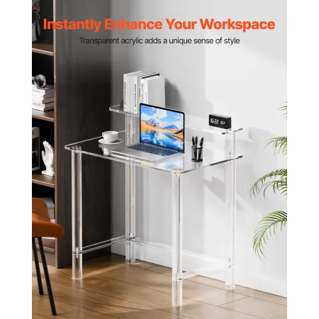 Acrylic Table, 2 Tiers Clear Office Desk with Monitor Stand, Acrylic Study Computer Desk, Modern Side End Table Nightstand for B