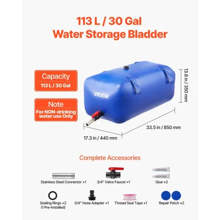 VEVOR Water Storage Bladder 113L Large Capacity Water Bag, Portable & Collapsible Soft Waters Container, Leakproof & Tear-Resist