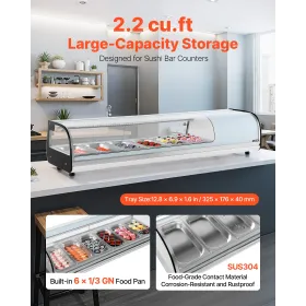 VEVOR Sushi Display Case Refrigerator, 62L Commercial Sushi Case, 6-Pan Countertop Showcase with Curved Glass, LED Lighting, and