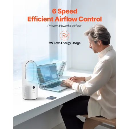 Desk Fan Bladeless, 12.99 Inch Portable Desk Fan, 6-Speed USB Quiet Cooling Small Tower Fan with Rechargeable Battery, Easy to C