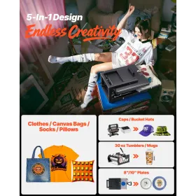 VEVOR Hybrid Heat Press, 380 x 380 mm, 5-in-1 Multifunction, Heat Up Fast and Even, All-New Patented Design, Easy to Control, Su