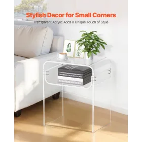 Acrylic Side Table, 2 Tiers Clear Bedside Table with Storage Shelf, Modern Rectangle Acrylic End Desk, Transparent Thick Nightst