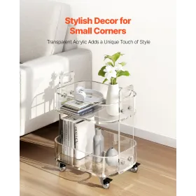 Acrylic Table with Wheels, 2 Tiers Mobile Cart Table, Modern Rolling Acrylic Storage Desk, Clear Nightstand Side End Desk, for L
