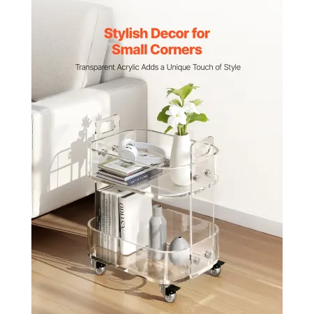 VEVOR Acrylic Table with Wheels, 2 Tiers Mobile Cart Table, Modern Rolling Acrylic Storage Desk, Clear Nightstand Side End Desk,