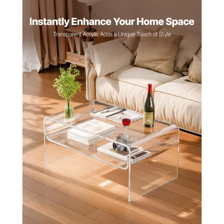 VEVOR Acrylic Coffee Table, 2 Tiers Center Table with Storage Shelf, Modern Rectangle Acrylic Coffee Desk, Ideal for Dining Room