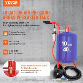 10 Gallon/38L Sandblaster Equipped with Nozzle Shut-Off Valve Pressure Gauge Ceramic Nozzle Rubber Wheels Grit Blasting Blast