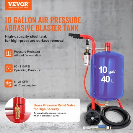 10Gal/40L Sandblaster Equipped with Nozzle Shut-Off Valve Pressure Gauge Ceramic Nozzle 2.5m Hose Filling Funnel Watertrap 6\" R
