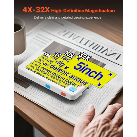 Portable Digital Magnifier, 127mm HD Electronic Video Magnifier for Low Version, 4X - 32X Zoom Electronic Reading Aid with 17 Co