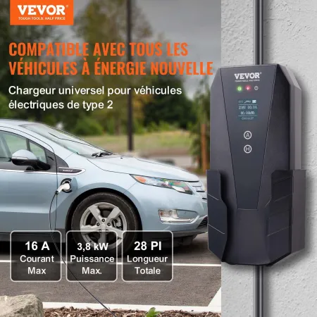 Portable EV Charger Type 2, 16A 3.7 kW, Electric Vehicle Car Charger with 8.6 m Charging Cable CEE 7/7 Plug LCD Screen, IEC 6219