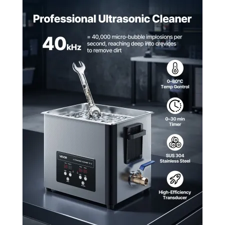 10L Ultrasonic Cleaner, Professional Ultrasonic Cleaner Machine with Cleaning Basket & Digital Display, 180W Stainless Steel 40k