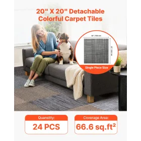 VEVOR Carpet Tiles Reusable 508 x 508 mm, 24 PCS Modular Carpet Square Rug, Commercial Floor Soft Padded for Seamless Cover 6.2㎡